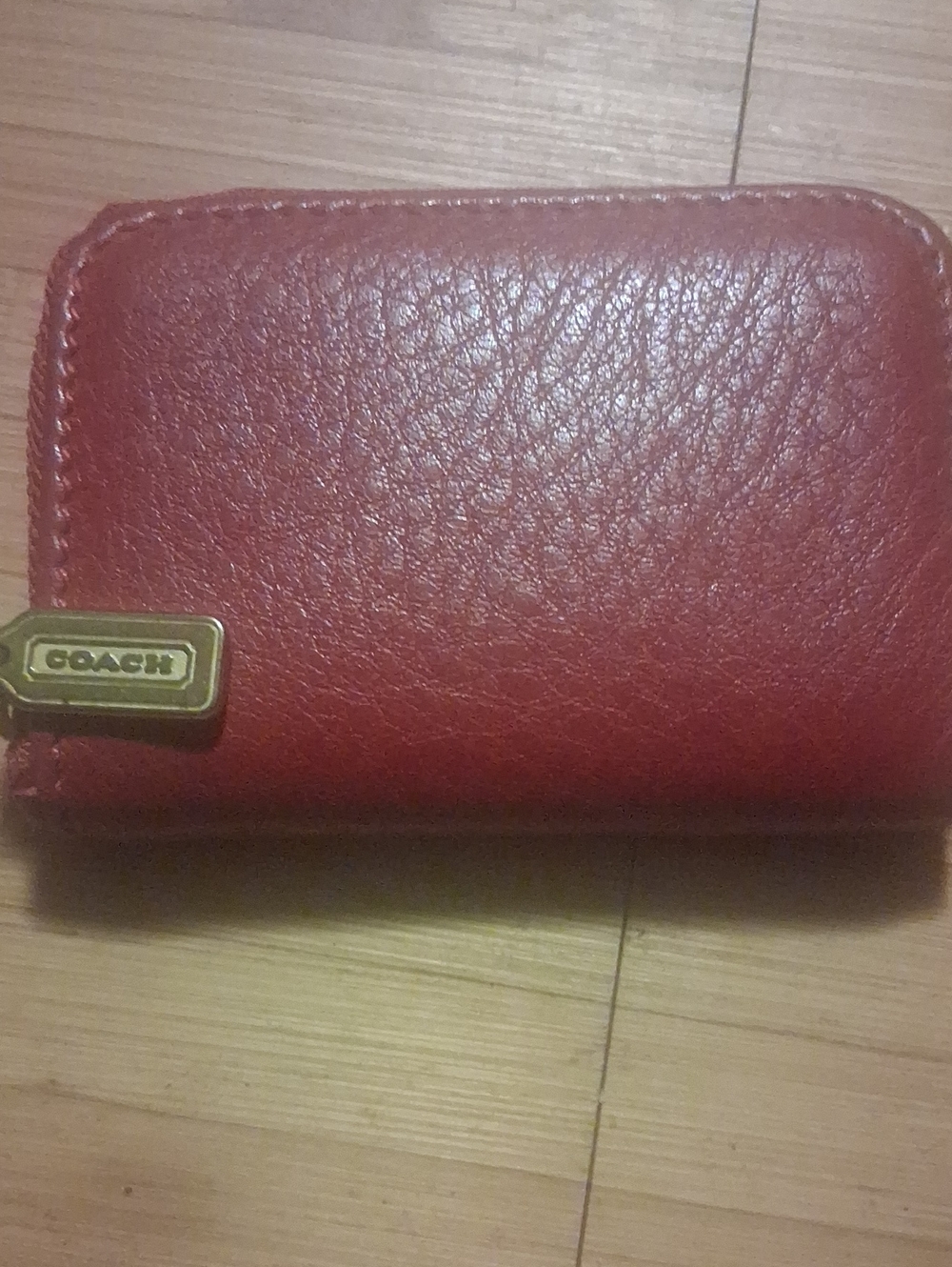 Coach Red Leather Zip Business/Credit Wallet Case with Brass Logo Tag